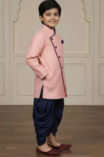 pink faux jute plain boys indo western dress with dhoti