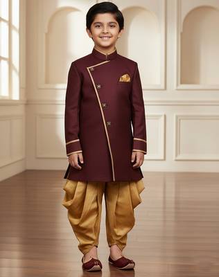 maroon faux jute plain boys indo western dress with dhoti 1