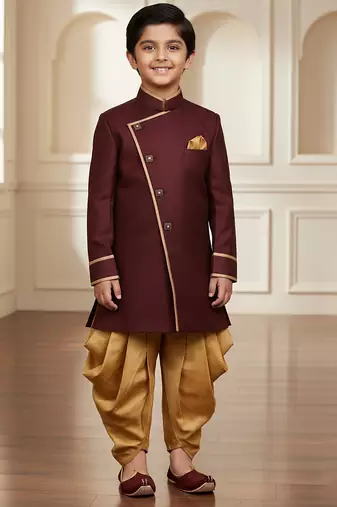 maroon faux jute plain boys indo western dress with dhoti