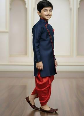blue faux jute plain boys indo western dress with dhoti 2