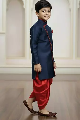 blue faux jute plain boys indo western dress with dhoti