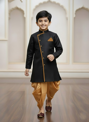 black faux jute plain boys indo western dress with dhoti 1