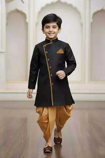 black faux jute plain boys indo western dress with dhoti