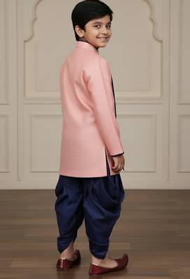 pink faux jute plain boys indo western dress with dhoti 3