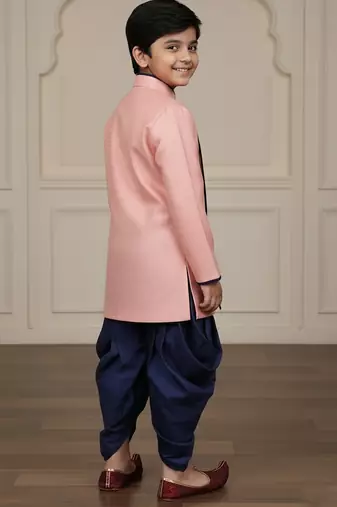pink faux jute plain boys indo western dress with dhoti