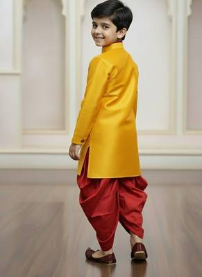 yellow faux jute plain boys indo western dress with dhoti 2