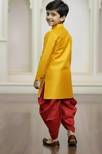 yellow faux jute plain boys indo western dress with dhoti