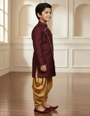 maroon faux jute plain boys indo western dress with dhoti 2