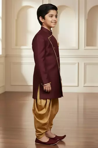 maroon faux jute plain boys indo western dress with dhoti