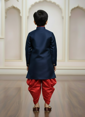blue faux jute plain boys indo western dress with dhoti 3
