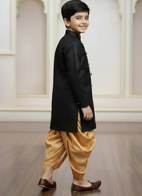 black faux jute plain boys indo western dress with dhoti 2