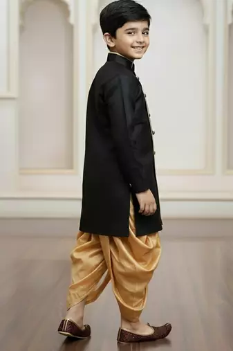 black faux jute plain boys indo western dress with dhoti