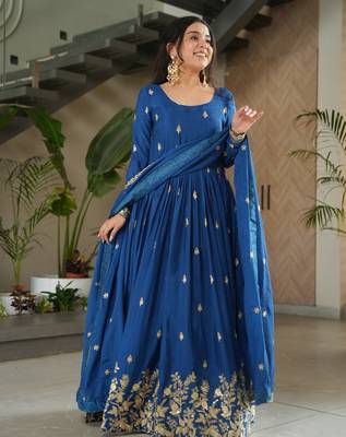 Blue kurti with duptta in Chinnon with Embroidery Zari Sequins work  3