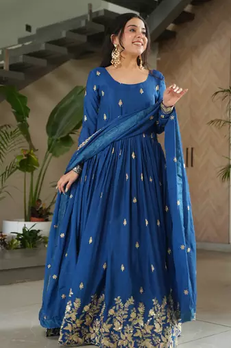 Blue kurti with duptta in  Chinnon with Embroidery Zari Sequins-work 