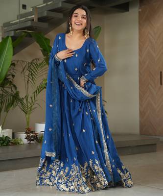 Blue kurti with duptta in Chinnon with Embroidery Zari Sequins work  1