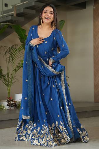 Blue kurti with duptta in  Chinnon with Embroidery Zari Sequins-work 
