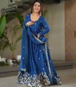 Blue kurti with duptta in  Chinnon with Embroidery Zari Sequins-work 