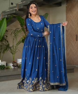 Blue kurti with duptta in Chinnon with Embroidery Zari Sequins work  4