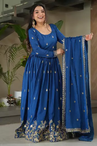 Blue kurti with duptta in  Chinnon with Embroidery Zari Sequins-work 