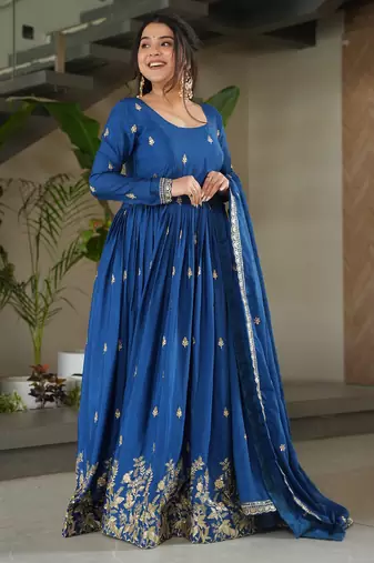 Blue kurti with duptta in  Chinnon with Embroidery Zari Sequins-work 
