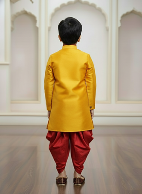 yellow faux jute plain boys indo western dress with dhoti 3