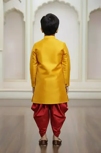 yellow faux jute plain boys indo western dress with dhoti
