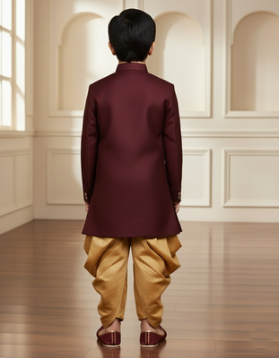 maroon faux jute plain boys indo western dress with dhoti 3