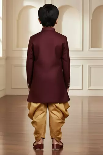 maroon faux jute plain boys indo western dress with dhoti