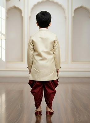 brown faux jute plain boys indo western dress with dhoti 3