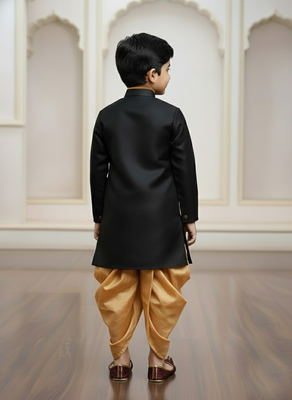 black faux jute plain boys indo western dress with dhoti 3