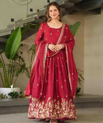 Maroon kurti with duptta in Chinnon with Embroidery Zari Sequins work  3