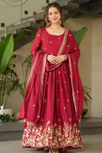 Maroon kurti with duptta in Chinnon with Embroidery Zari Sequins work 