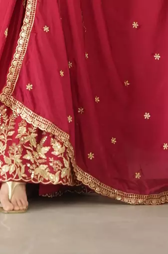 Maroon kurti with duptta in Chinnon with Embroidery Zari Sequins work 