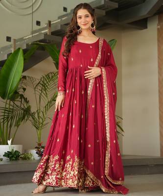 Maroon kurti with duptta in Chinnon with Embroidery Zari Sequins work  5