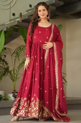 Maroon kurti with duptta in Chinnon with Embroidery Zari Sequins work 
