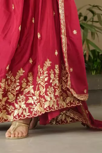 Maroon kurti with duptta in Chinnon with Embroidery Zari Sequins work 