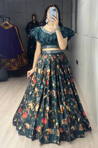 Teal Color  Floral Prints With Paper Mirror Belt  Muslin Satin Lehenga set - full stitched free size 