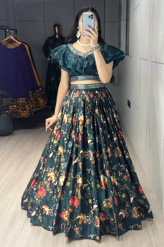 Teal Color  Floral Prints With Paper Mirror Belt  Muslin Satin Lehenga set - full stitched free size 