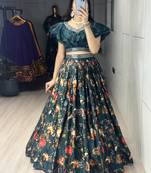 Teal Color  Floral Prints With Paper Mirror Belt  Muslin Satin Lehenga set - full stitched free size 