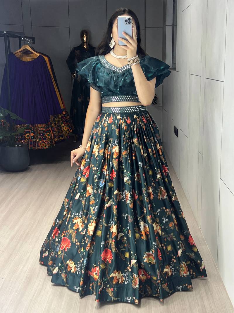 Teal Color  Floral Prints With Paper Mirror Belt  Muslin Satin Lehenga set - full stitched free size 