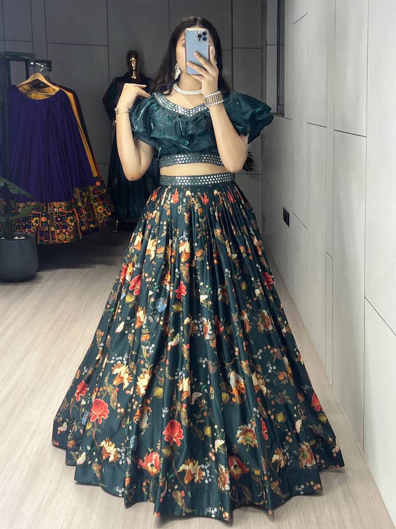 Teal Color  Floral Prints With Paper Mirror Belt  Muslin Satin Lehenga set - full stitched free size 