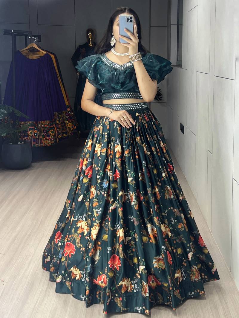 Teal Color  Floral Prints With Paper Mirror Belt  Muslin Satin Lehenga set - full stitched free size 
