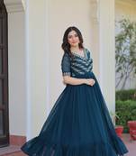 Teal Faux Blooming With Sequins Multithreaded Beads Embroidered work. 