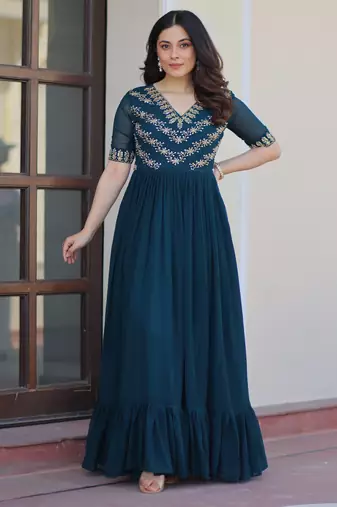 Teal Faux Blooming With Sequins Multithreaded Beads Embroidered work. 