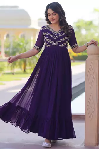 Purple Faux Blooming With Sequins Multithreaded Beads Embroidered work.