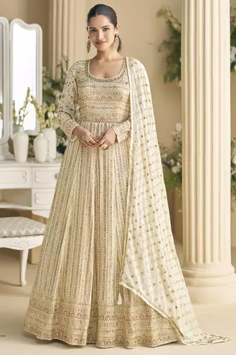 Off white georgette embroidered seroski zarkan anarkali suit