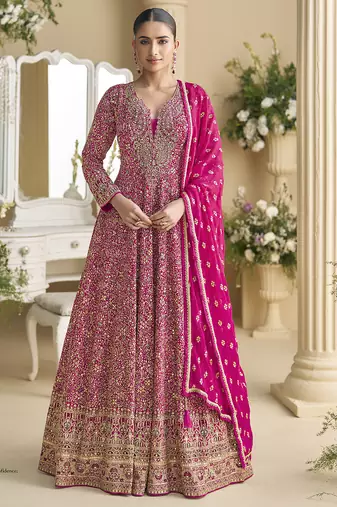 Pink georgette embroidered seroski zarkan anarkali suit
