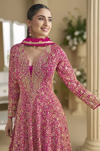 Pink georgette embroidered zarkan anarkali suit