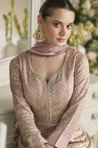 Onion pink georgette embroidered zarkan anarkali suit