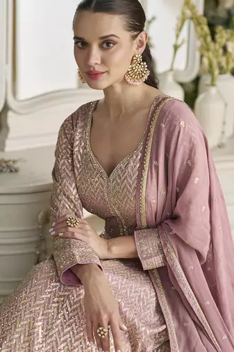 Onion pink georgette embroidered zarkan anarkali suit
